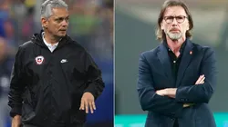 Reinaldo Rueda of Colombia (left) and Ricardo Gareca, coach of Peru
