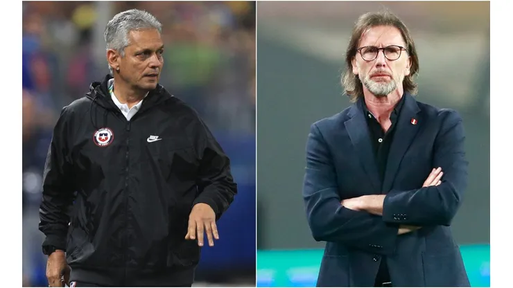 Reinaldo Rueda of Colombia (left) and Ricardo Gareca, coach of Peru