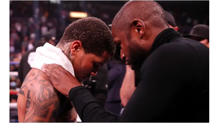 Floyd Mayweather (R) and Gervonta Davis talk after the WBA World Lightweight Championship title bout