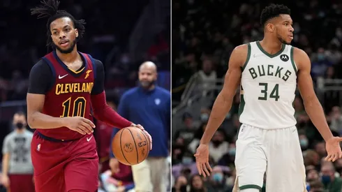 Darius Garland of the Cleveland Cavaliers and Giannis Antetokounmpo of the Milwaukee Bucks