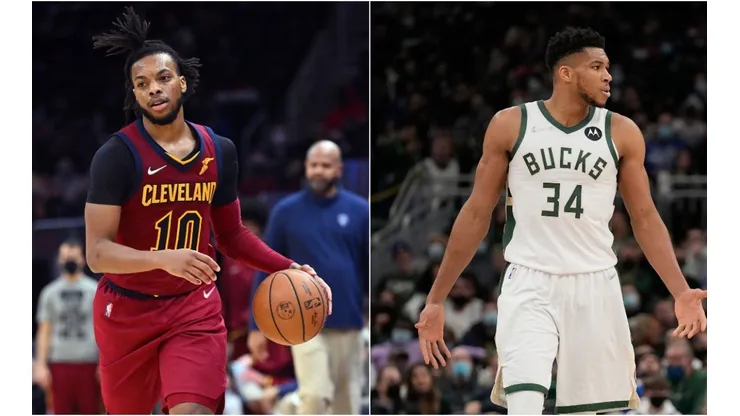Darius Garland of the Cleveland Cavaliers and Giannis Antetokounmpo of the Milwaukee Bucks