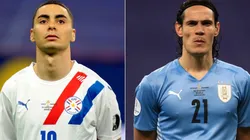 Miguel Almiron of Paraguay and Edinson Cavani of Uruguay