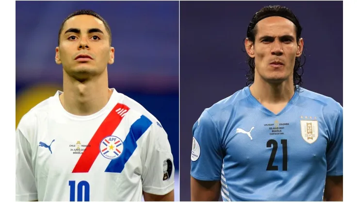 Miguel Almiron of Paraguay and Edinson Cavani of Uruguay