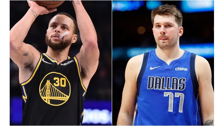 Stephen Curry of the Golden State Warriors and Luka Doncic of the Dallas Mavericks