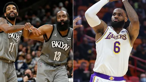 Kyrie Irving and James Harden of the Brooklyn Nets and LeBron James of the Los Angeles Lakers