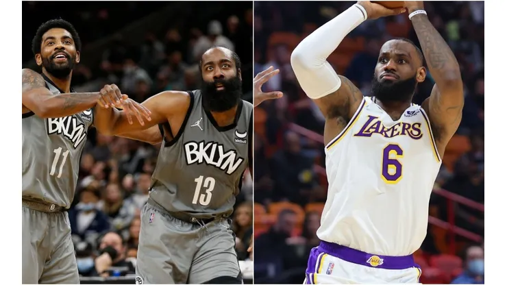 Kyrie Irving and James Harden of the Brooklyn Nets and LeBron James of the Los Angeles Lakers
