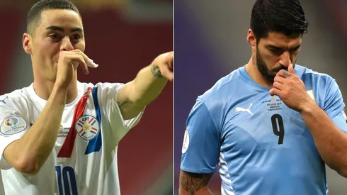Miguel Almiron of Paraguay and Luis Suarez of Uruguay