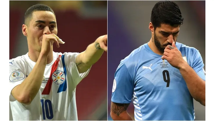 Miguel Almiron of Paraguay and Luis Suarez of Uruguay