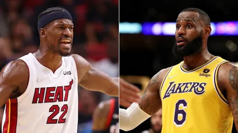 Jimmy Butler of the Miami Heat and LeBron James of the Los Angeles Lakers