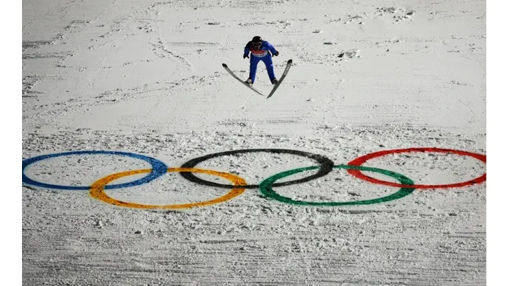 A ski jumper jumps at the Winter Olympic Games