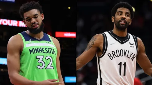 Karl-Anthony Towns of the Minnesota Timberwolves and Kyrie Irving of the Brooklyn Nets
