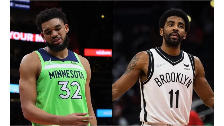 Karl-Anthony Towns of the Minnesota Timberwolves and Kyrie Irving of the Brooklyn Nets