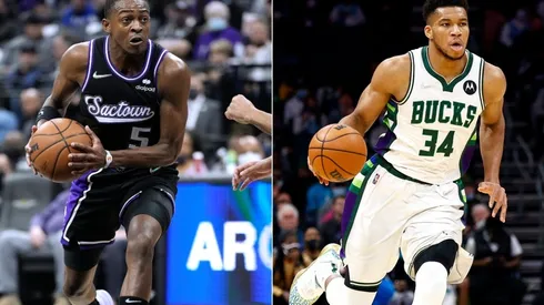 De'Aaron Fox of the Sacramento Kings and Giannis Antetokounmpo of the Milwaukee Bucks