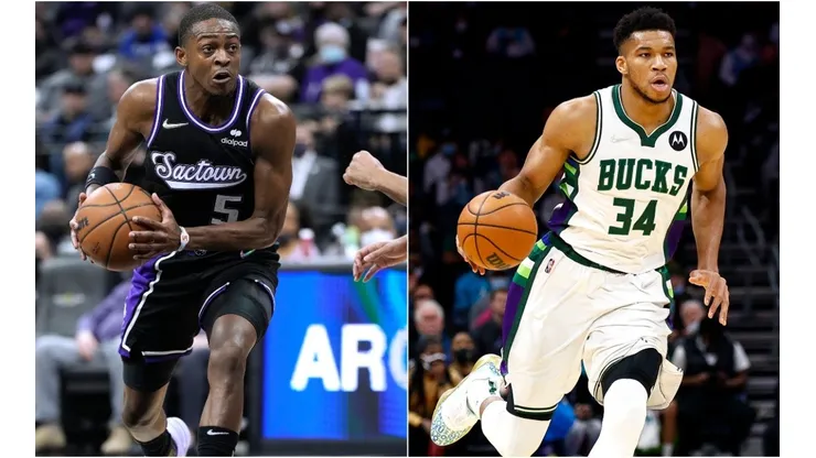 De'Aaron Fox of the Sacramento Kings and Giannis Antetokounmpo of the Milwaukee Bucks