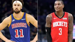 Klay Thompson of the Golden State Warriors (left) and Kevin Porter Jr. of the Houston Rockets (right)