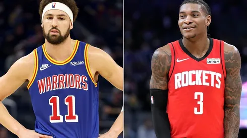 Klay Thompson of the Golden State Warriors (left) and Kevin Porter Jr. of the Houston Rockets (right)