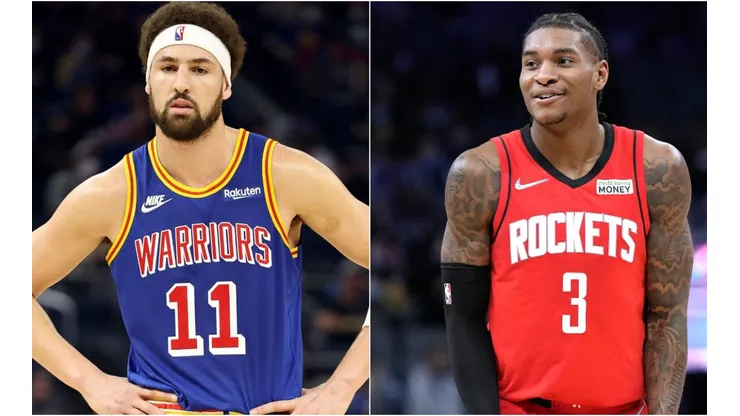 Klay Thompson of the Golden State Warriors (left) and Kevin Porter Jr. of the Houston Rockets (right)