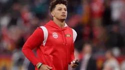Patrick Mahomes looks on during his warm up to a game.