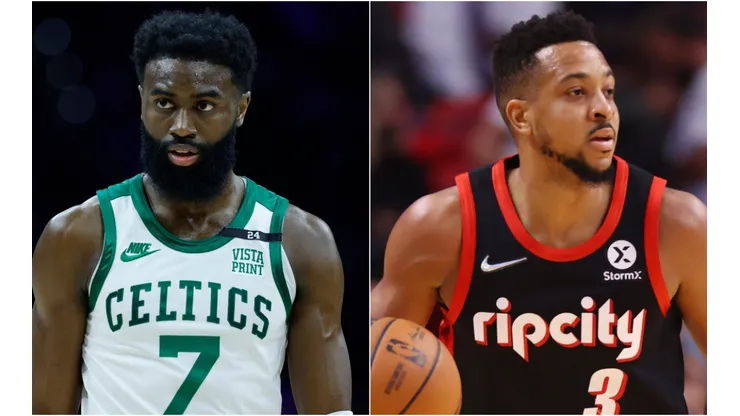 Jaylen Brown of the Boston Celtics (left) and CJ McCollum of the Portland Trail Blazers (right)