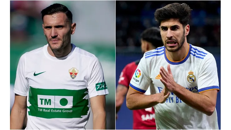 Lucas Perez of Elche (left) and Marco Asensio of Real Madrid (right)