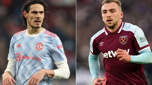 Edinson Cavani of Manchester United (left) and Jarrod Bowen of West Ham (right)
