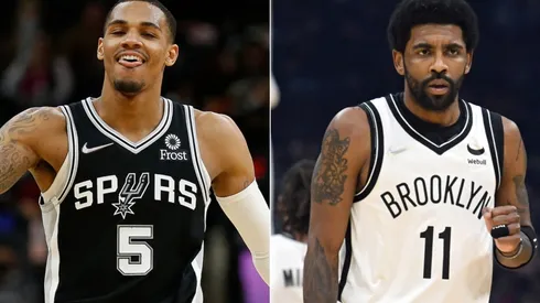 Dejounte Murray of the San Antonio Spurs (left) and Kyrie Irving of the Brooklyn Nets (right)