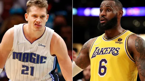 Moritz Wagner of the Orlando Magic (left) and LeBron James of the Los Angeles Lakers (right)