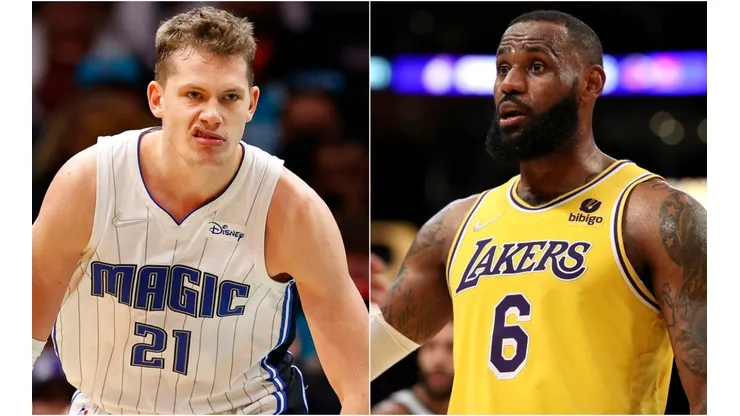 Moritz Wagner of the Orlando Magic (left) and LeBron James of the Los Angeles Lakers (right)