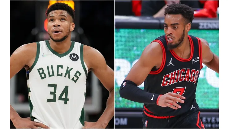 Giannis Antetokounmpo of the Milwaukee Bucks (left) and Troy Brown of the Chicago Bulls (right)