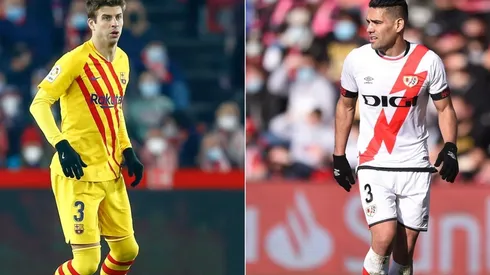 Gerard Pique of FC Barcelona and Radamel Falcao of Rayo Vallecano