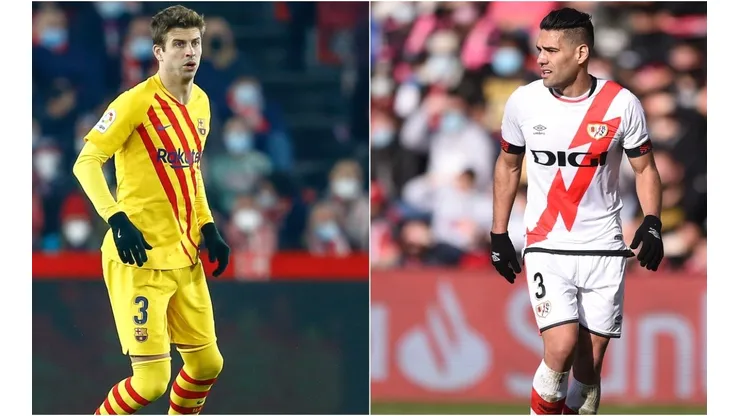 Gerard Pique of FC Barcelona and Radamel Falcao of Rayo Vallecano