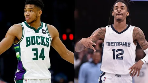 Giannis Antetokounmpo of the Milwaukee Bucks and Ja Morant of the Memphis Grizzlies