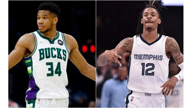 Giannis Antetokounmpo of the Milwaukee Bucks and Ja Morant of the Memphis Grizzlies