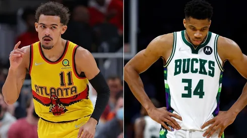 Trae Young of the Atlanta Hawks and Giannis Antetokounmpo of the Milwaukee Bucks