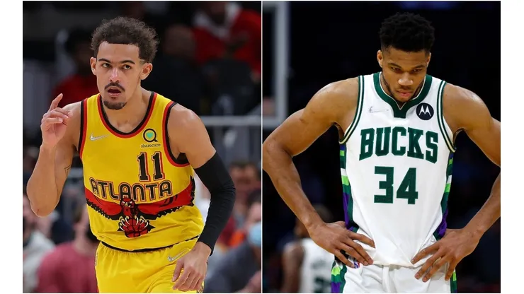 Trae Young of the Atlanta Hawks and Giannis Antetokounmpo of the Milwaukee Bucks