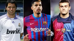 Javier Saviola of Real Madrid (left), Ronald Araujo (center), and Luis Enrique (right) of Barcelona