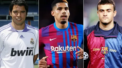 Javier Saviola of Real Madrid (left), Ronald Araujo (center), and Luis Enrique (right) of Barcelona