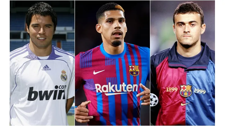 Javier Saviola of Real Madrid (left), Ronald Araujo (center), and Luis Enrique (right) of Barcelona
