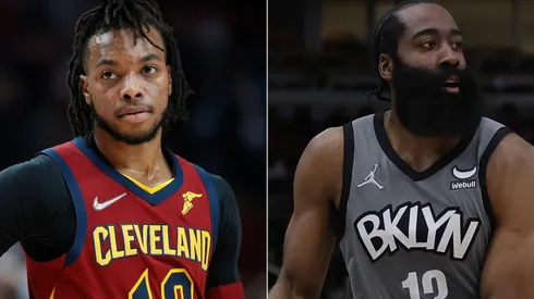 Darius Garland of the Cleveland Cavaliers and James Harden of the Brooklyn Nets