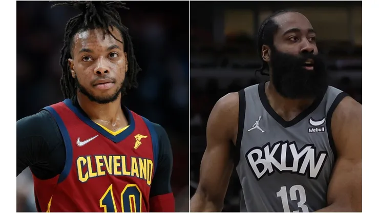 Darius Garland of the Cleveland Cavaliers and James Harden of the Brooklyn Nets