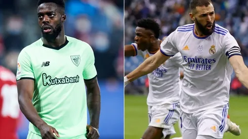 Iñaki Williams of Athletic Club and Bezema and Vinicius of Real Madrid