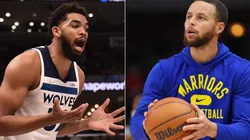 Anthony Towns of Th Timberwolves and Stephen Curry of the Warriors