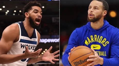 Anthony Towns of Th Timberwolves and Stephen Curry of the Warriors