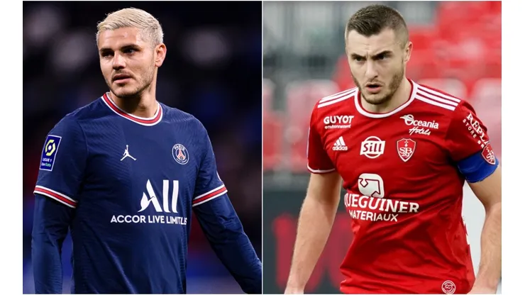 Mauro Icardi of PSG (left) and Brendan Chardonnet of Brest (right)