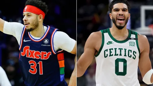 Seth Curry of the Philadelphia 76ers (left) and Jayson Tatum of the Boston Celtics (right)