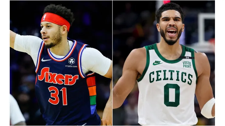 Seth Curry of the Philadelphia 76ers (left) and Jayson Tatum of the Boston Celtics (right)
