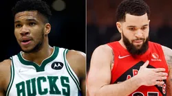 Giannis Antetokounmpo of the Milwaukee Bucks and Fred VanVleet of the Toronto Raptors