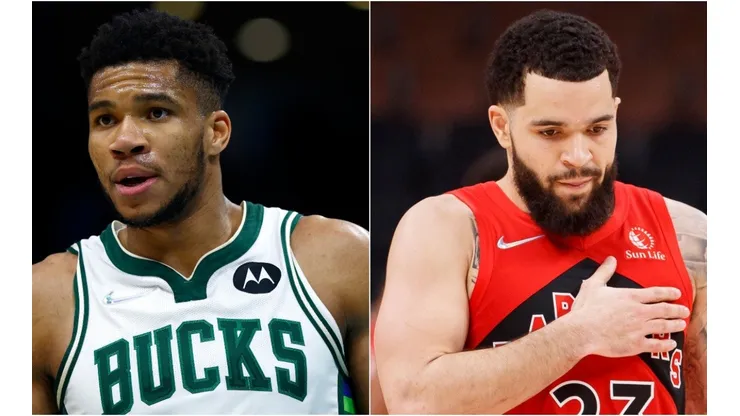 Giannis Antetokounmpo of the Milwaukee Bucks and Fred VanVleet of the Toronto Raptors