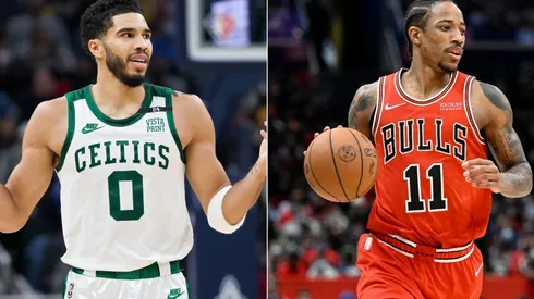 Jayson Tatum of the Boston Celtics and DeMar DeRozan of the Chicago Bulls