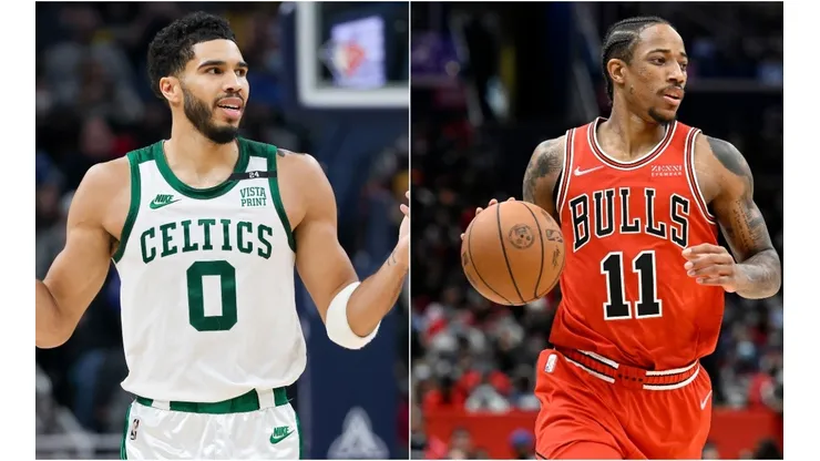 Jayson Tatum of the Boston Celtics and DeMar DeRozan of the Chicago Bulls